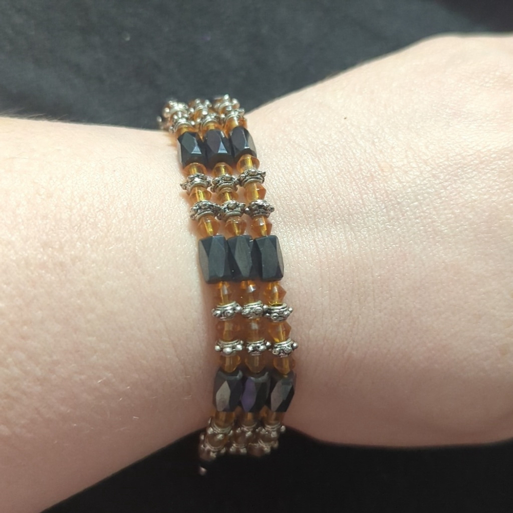 Silver Tone Amber Yellow Black Magnetic Hematite Gemstone Beaded Necklace